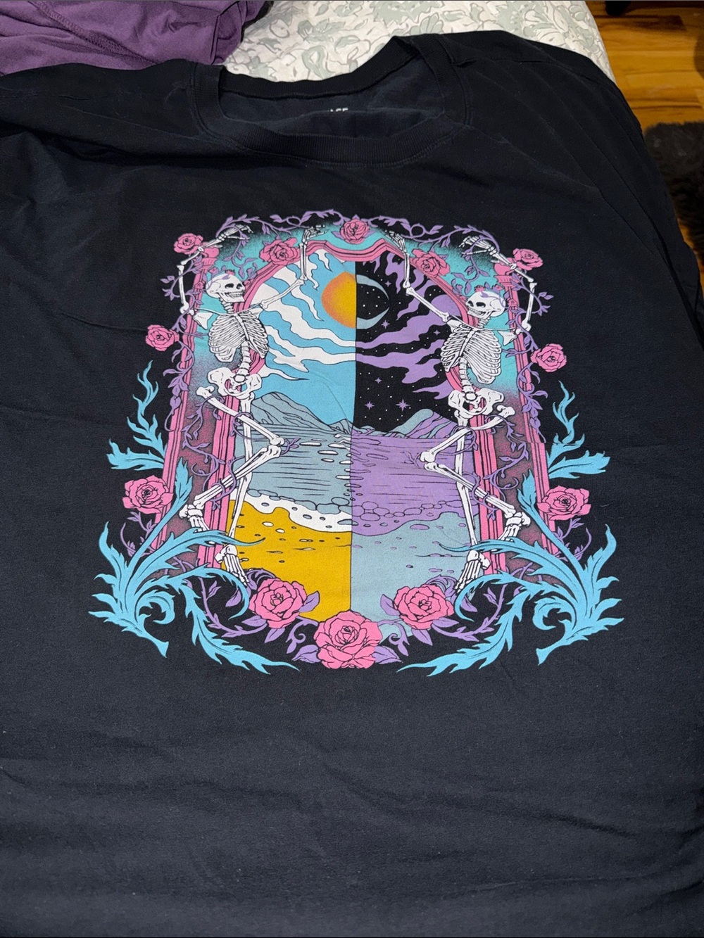 torrid Black Art Print with Pink, Teal & Yellow Day-Night Skeleton Scene